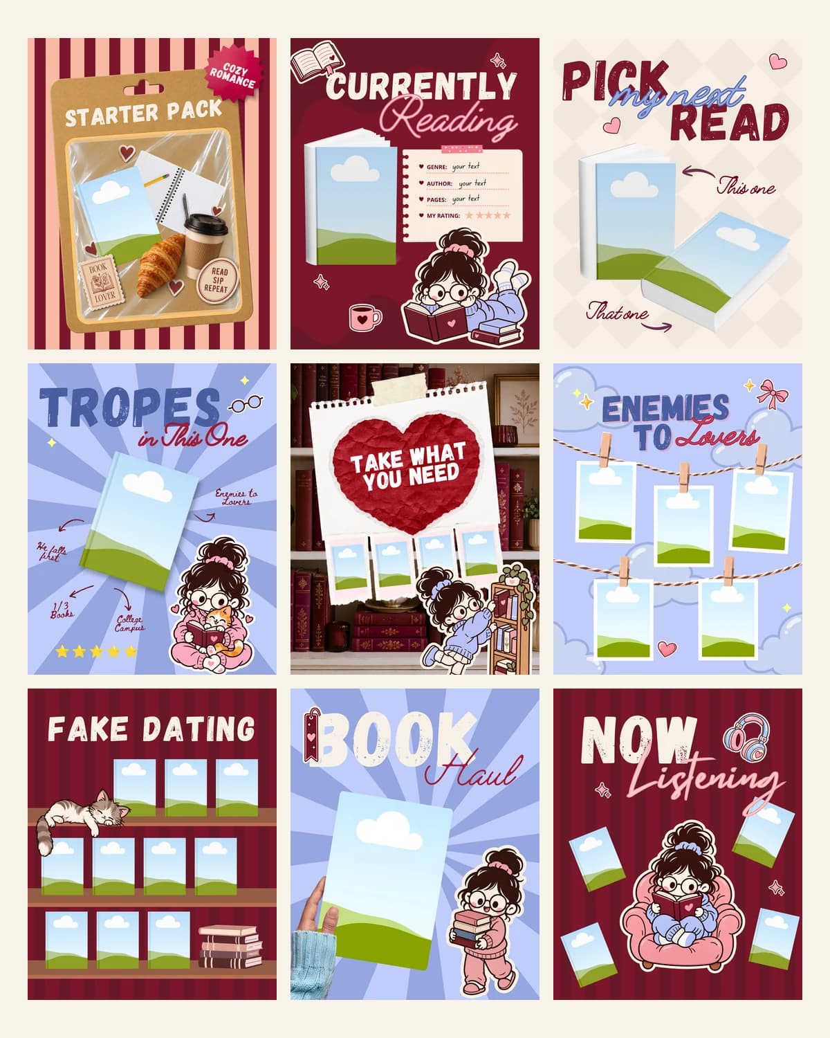 Cozy Romance Bookstagram Templates — the full set