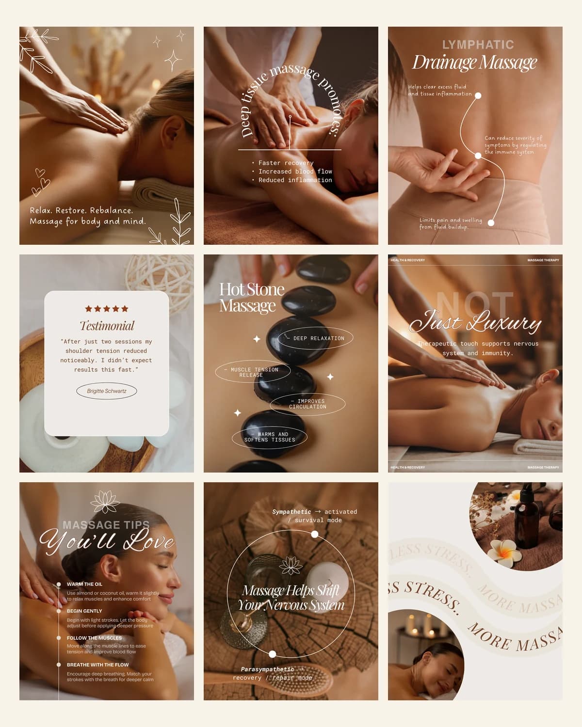 Massage therapist Instagram templates — the full set